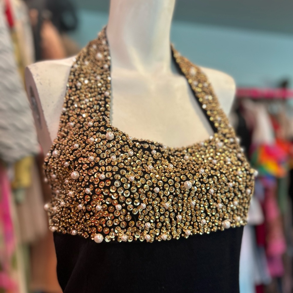 Embellished Halter Evening Dress in Black and Gold